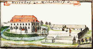 Dwór i jego najbliższe otoczenie na rycinie F. Wernhera z połowy XVIII wieku