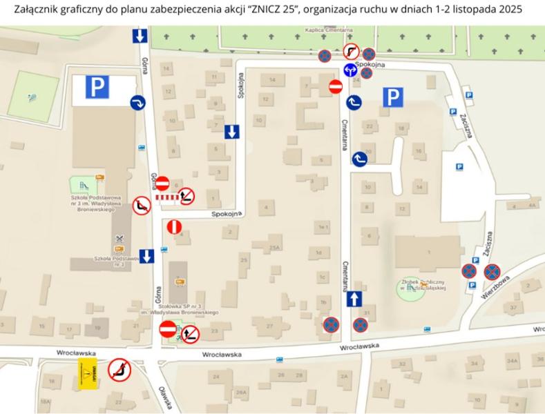 Czasowa zmiana organizacji ruchu przy cmentarzu w Środzie Śląskiej – akcja „Znicz 25”