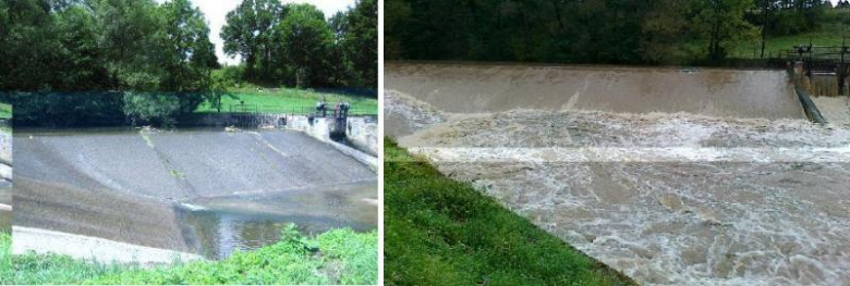 Po lewej zdjęcie wykonane w zeszłym miesiącu, po prawej aktualny stan rzeki w Bystrzycy Kłodzkiej 