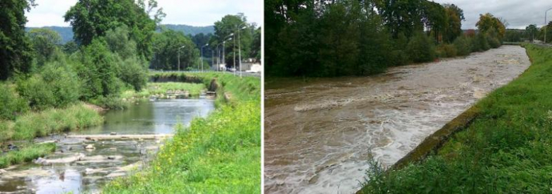Po lewej zdjęcie wykonane w zeszłym miesiącu, po prawej aktualny stan rzeki w Bystrzycy Kłodzkiej 