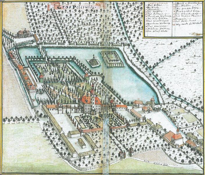 Widok od zachodu całego założenia na rycinie F.B. Wernhera z połowy XVIII wieku