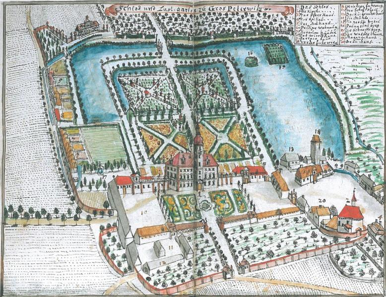 Widok od zachodu całego założenia na kolejnej rycinie F.B. Wernhera z połowy XVIII wieku