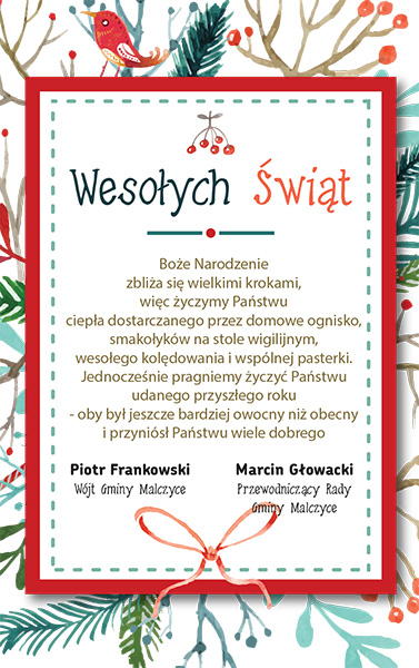 Wesołych Świąt życzą władze gminy Malczyce