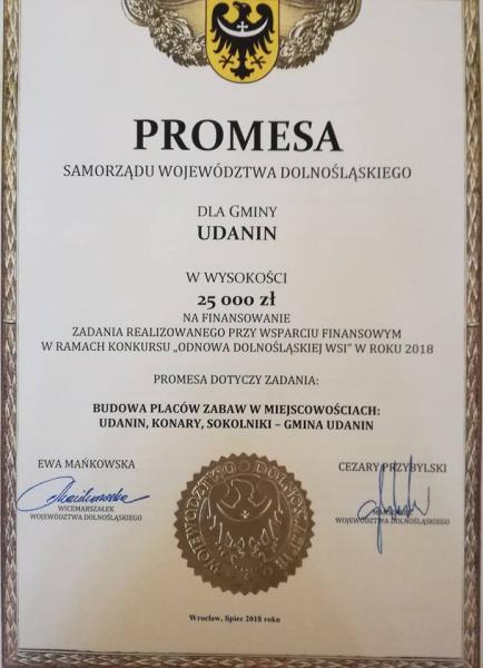 Odebranie promesy dla gminy Udanin