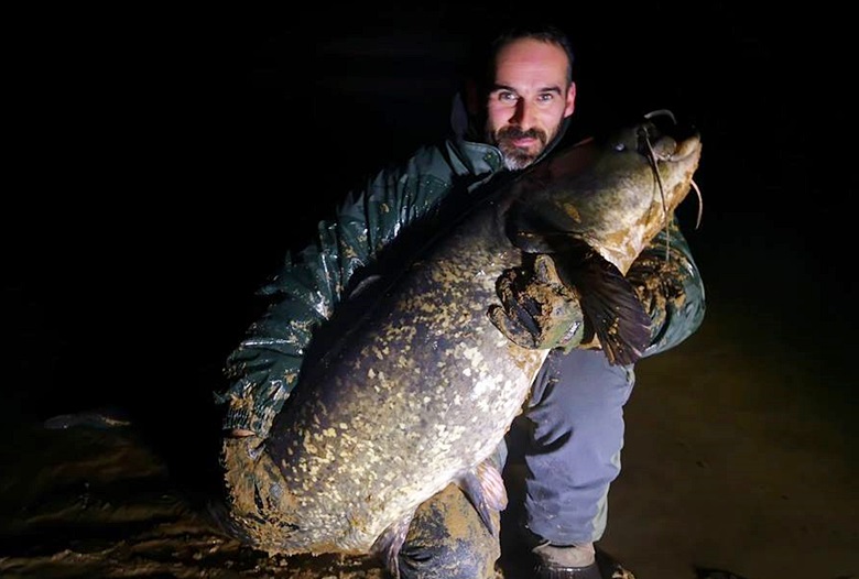 Andrzej Lech i złowiony ponad 2-metrowy sum