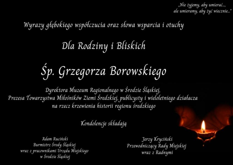 Kondolencje dla rodziny i bliskich Ś.P. Grzegorza Borowskiego