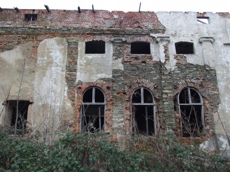 Relikty ściany zachodniej pałacu z widocznymi pozostałościami pilastrów w stylu jońskim