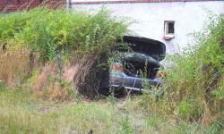 Samochód osobowy wypadł z drogi i wpadł na prywatną posesję