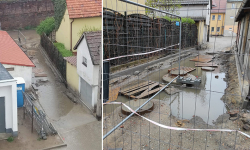 Most z palet w zalanym wykopie przy Daszyńskiego. Wykonawca odpowiada mieszkańcom